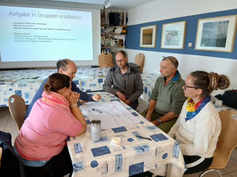 Teilnehmende sitzen am Tisch und beschäftigen sich theoretisch mit einer Aufgabe